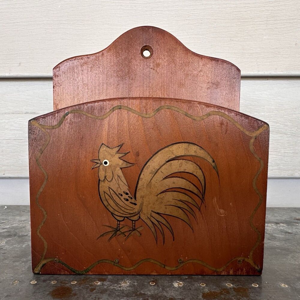 Vtg Woodpecker Wood Ware Japan Hand Painted Rooster Wooden Napkin Holder MCM